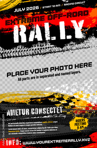Grungy background with abstract tire tracks, chess flag and place for your photo and text - off-road rally poster template photo