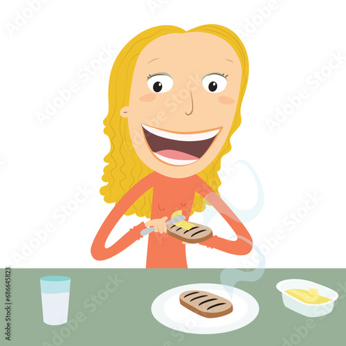Blonde girl spreading butter on toast to eat. Vector Illustration.