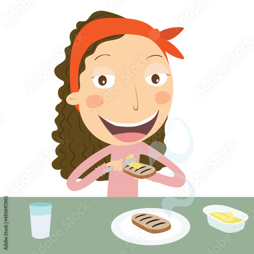 Girl spreading butter on toast to eat vector illustration