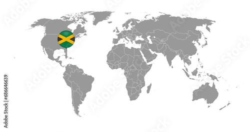 Fototapeta Naklejka Na Ścianę i Meble -  Pin map with Jamaica flag on world map. Vector illustration.