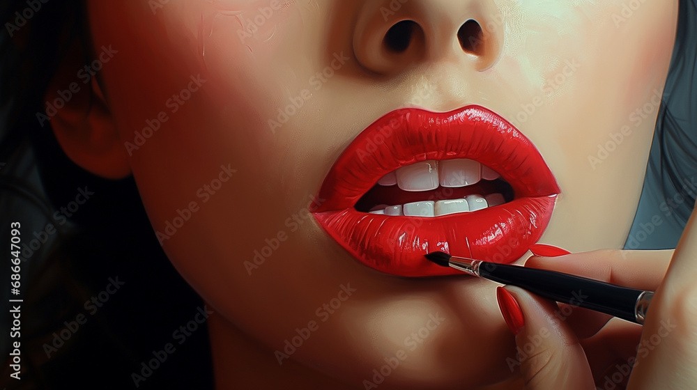 Obraz premium Lips Beauty Closeup, Woman Face Make Up and Red Lipstick Close Up.