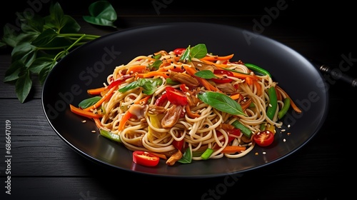 a plate of noodles with vegetables