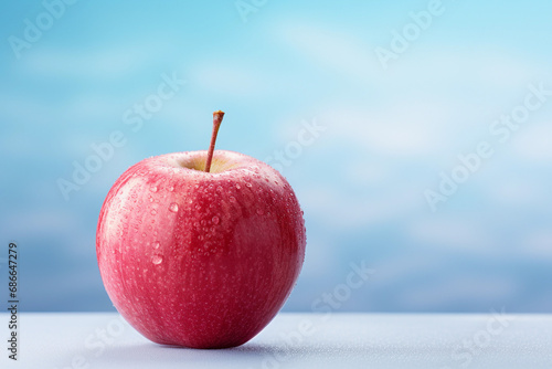 Fresh red apple with water droplets on a blue background.
