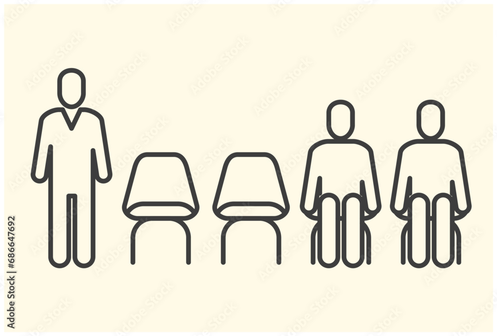 Waiting room icon, row of chairs and men sitting and standing in queue, vector Waiting room icon, row of chairs and men sitting and standing in queue, vector