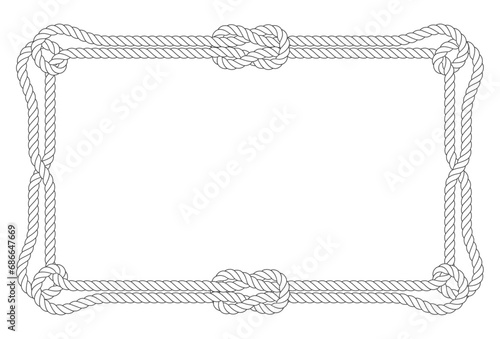 Square double rope frame with loops in corners and knots, marine style border, vector