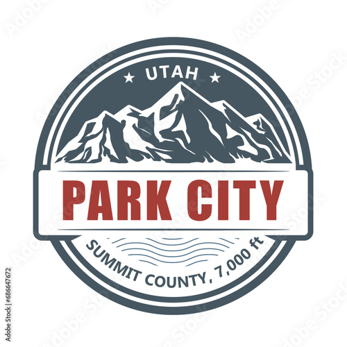Park City, Utah ski resort stamp, emblem with snow covered mountains, vector photo