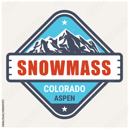 Snowmass village, Colorado ski resort stamp, Aspen emblem with snow covered mountains, vector photo