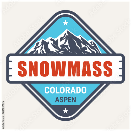 Snowmass village, Colorado ski resort stamp, Aspen emblem with snow covered mountains, vector