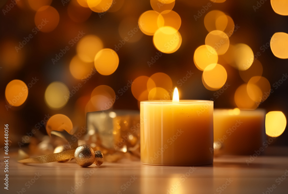 a candle with a blurred background and golden lights. a candle with a blurred background and golden lights.