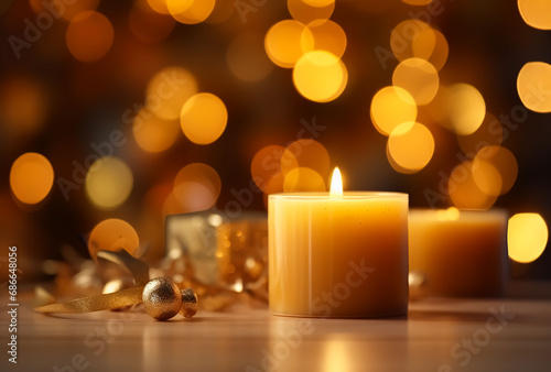 a candle with a blurred background and golden lights.