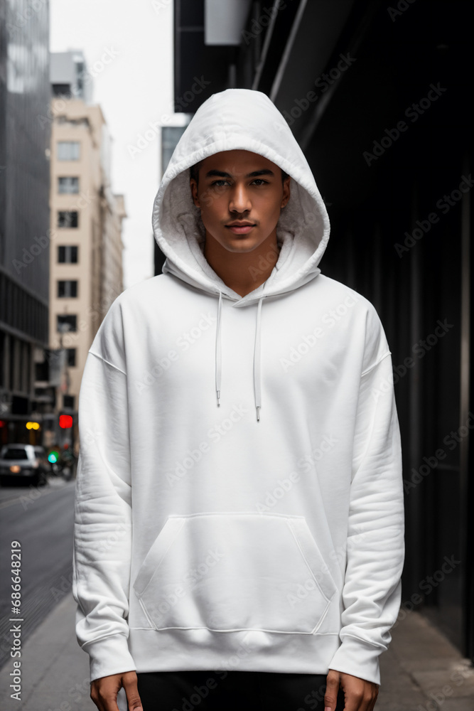 Front view of a young man wearing a blank white hooded sweatshirt - Mockup