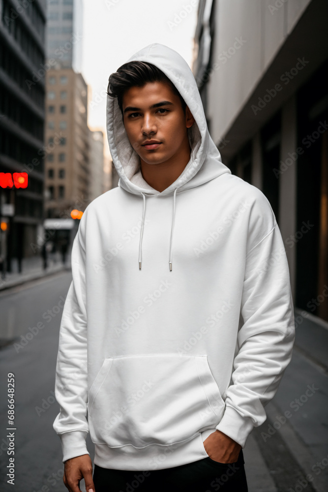 Front view of a young man wearing a blank white hooded sweatshirt - Mockup Front view of a young man wearing a blank white hooded sweatshirt - Mockup