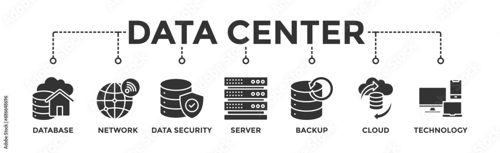 Data center banner web icon vector illustration concept with icon of database, network, data security, server, backup, cloud and technology Data center banner web icon vector illustration concept with icon of database, network, data security, server, backup, cloud and technology