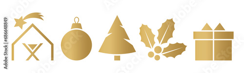 banner with golden christmas icons: nativity scene, bauble, fir tree, holly berry and gift box- vector illustration