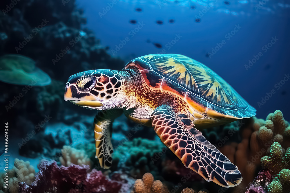 Sea turtle swimming. Turtle in the blue sea, looking directly into the camera. Details of head, mouth and eyes, AI