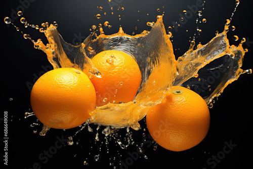 Oranges in splashes of water on a dark background. Generative AI.