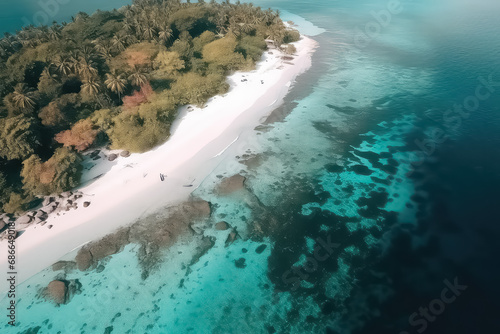 Drone photo of beautiful paradise tropical beach on island, AI