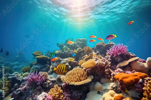underwater coral reef landscape background in the deep blue ocean, AI © yurakrasil