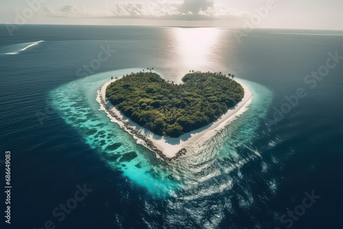 Drone photo island in the shape of heart, AI photo