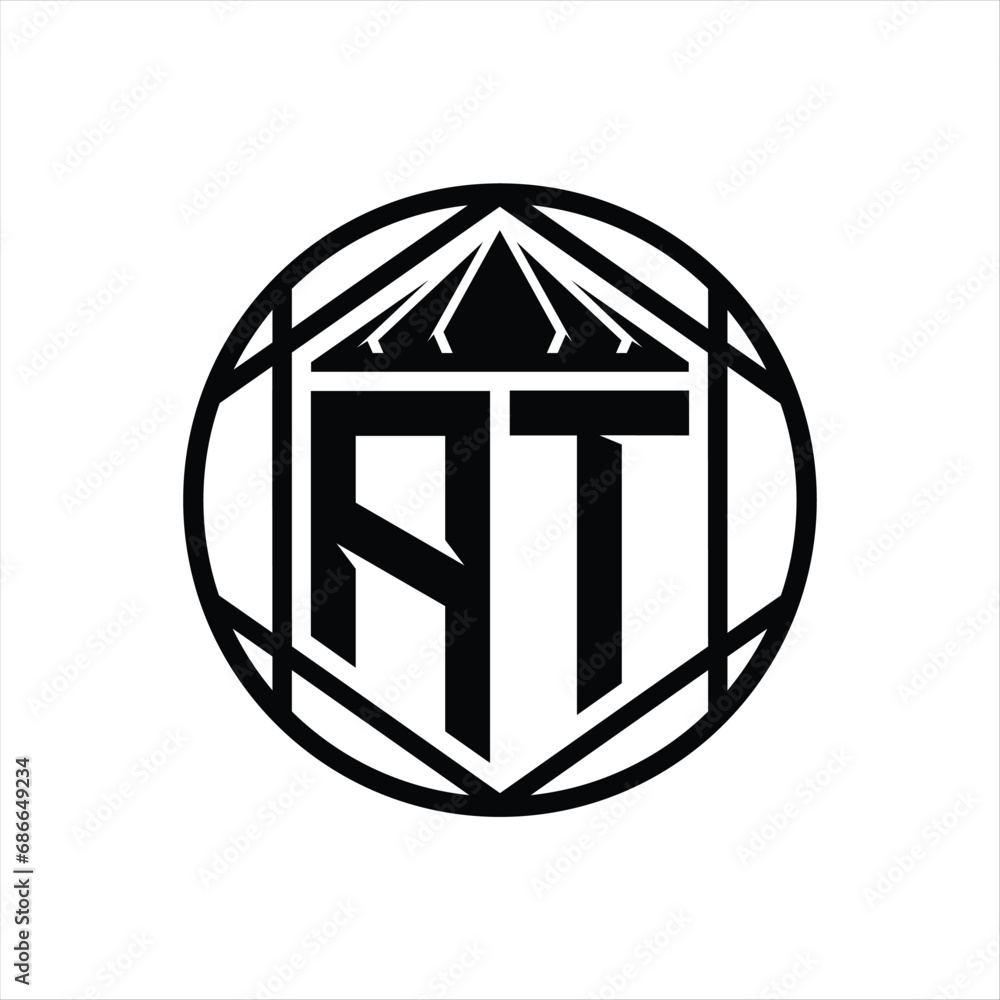 AT Letter Logo monogram hexagon slice crown sharp shield shape isolated circle abstract style design AT Letter Logo monogram hexagon slice crown sharp shield shape isolated circle abstract style design