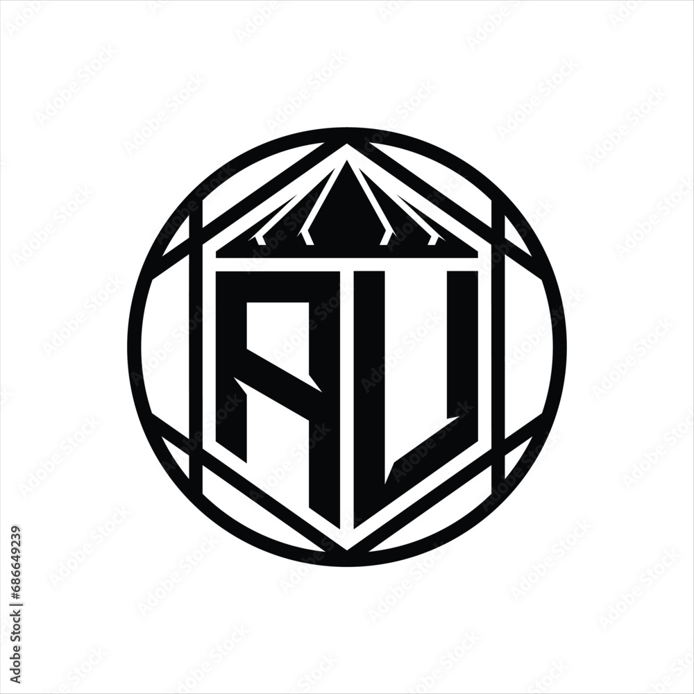 AU Letter Logo monogram hexagon slice crown sharp shield shape isolated circle abstract style design AU Letter Logo monogram hexagon slice crown sharp shield shape isolated circle abstract style design