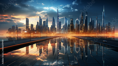 Panoramic skyline and modern commercial buildings with roads. Asphalt road and cityscape at sunrise