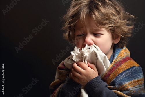 Sick boy or child blowing her nose or sneezing into handkerchief. Disease, illness, sickness, virus and treatment photo