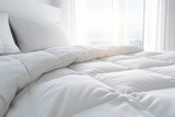 White quilt spread on the bed in cozy bedroom. Winter season home textile, Generated AI