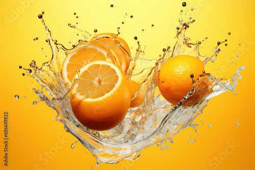 Oranges in splashes of water on a dark background. Generative AI.