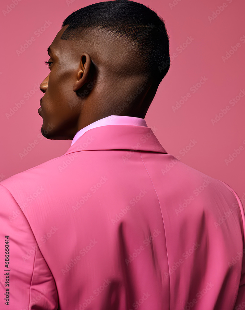 Handsome and attractive young man, African American in an elegant and formal pink suit on a pink background. Minimalism with style. Handsome and attractive young man, African American in an elegant and formal pink suit on a pink background. Minimalism with style.