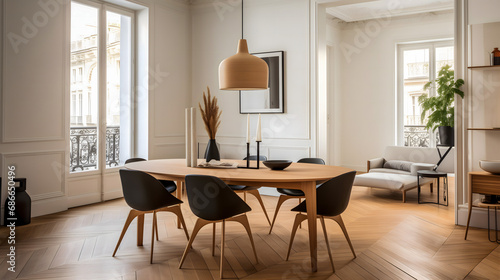 Un intérieur d'un appartement parisien avec salle à manger spacieuse et lumineuse, un mobilier moderne, une grande table en bois, des chaises élégantes et une décoration minimaliste