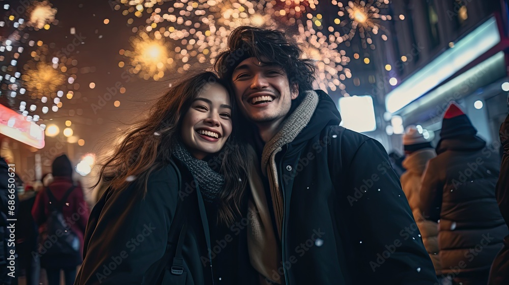 lovely couple see the firework in town together in new year