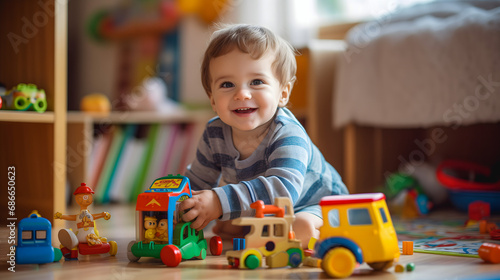 un bébé souriant jouant avec des jouets.