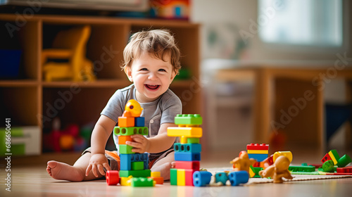 Un jeune enfant assis par terre, souriant en jouant avec des blocs de construction colorés dans une chambre. photo
