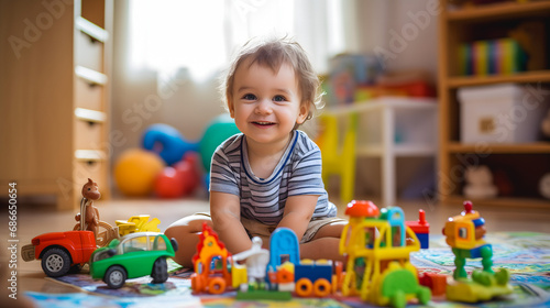 Un petit enfant assis par terre entouré de jouets colorés.