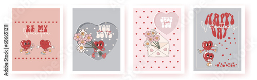 Groovy lovely collection of cards. Love concept. Happy Valentines day. Funky happy heart character in trendy retro 60s 70s cartoon style. Vector illustration in pink red colors.	
