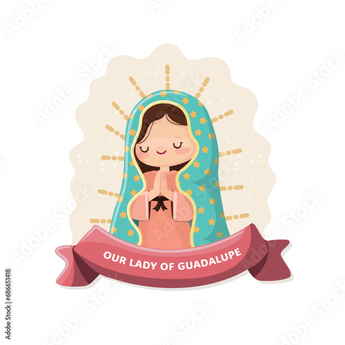 Our Lady of Guadalupe with ribbon. Kawaii style vector illustration