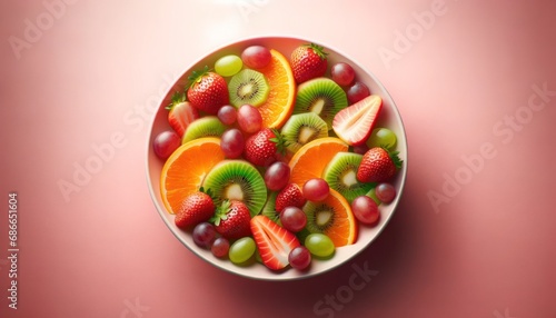 Fresh Fruit Salad in White Bowl on Pink Background