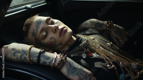 homosexual male with tattoo relaxing inside the car. lgbtq concept photo