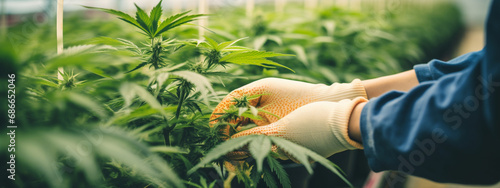 A scientist's hand close-up inspects the pleasant buds on a cannabis plant. Cannabis plantation. photo