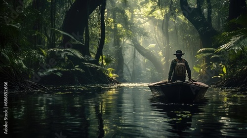 A man in a boat floats on a river in the jungle