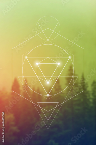 Sacred geometry spiritual new age futuristic illustration with transmutation interlocking circles, triangles and glowing particles