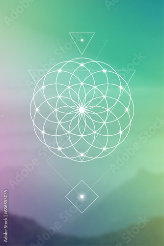 Flower of life. Tree of life. Sacred geometry spiritual new age futuristic illustration with transmutation interlocking circles, triangles and glowing particles