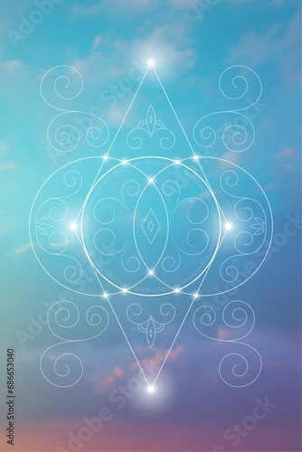 Sacred geometry spiritual new age futuristic illustration with transmutation interlocking circles, triangles and glowing particles
