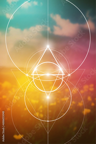 Sacred geometry spiritual new age futuristic illustration with transmutation interlocking circles, triangles and glowing particles