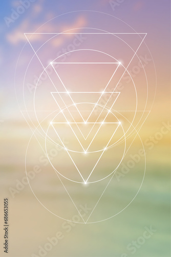 Sacred geometry spiritual new age futuristic illustration with transmutation interlocking circles, triangles and glowing particles