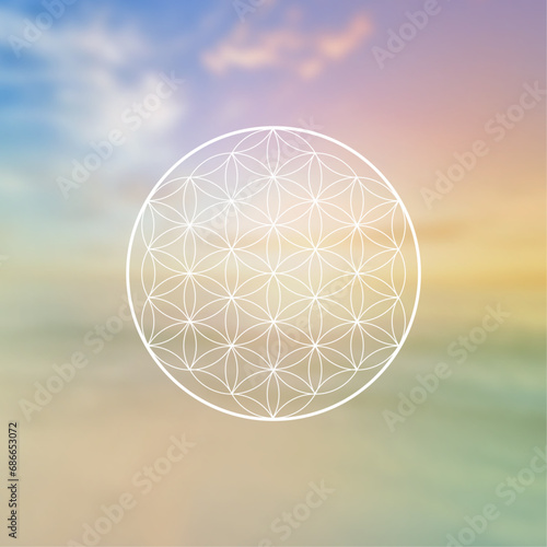 Flower of life. Tree of life. Sacred geometry spiritual new age futuristic illustration with transmutation interlocking circles, triangles and glowing particles