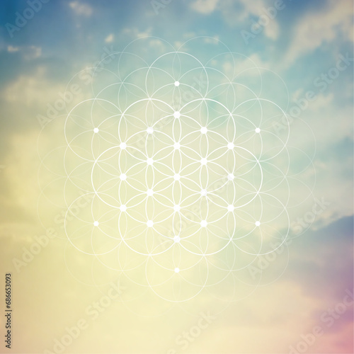 Flower of life. Tree of life. Sacred geometry spiritual new age futuristic illustration with transmutation interlocking circles, triangles and glowing particles