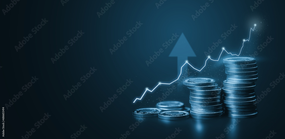 stacked coins with financial chart showing investment growth - obrazy, fototapety, plakaty 