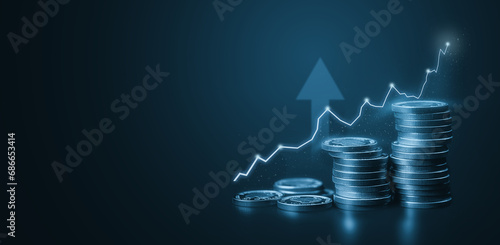 stacked coins with financial chart showing investment growth